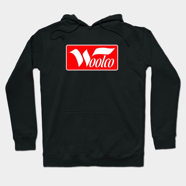 Black hoodie with red Woolco logo, casual style, soft fabric, perfect for everyday wear and warmth.