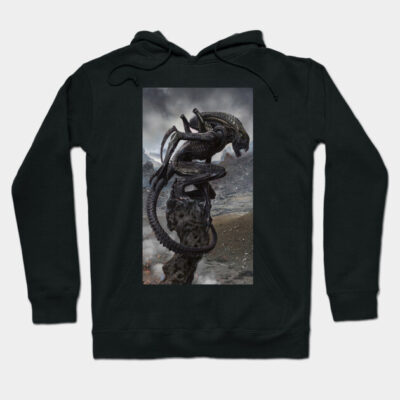Black hoodie with graphic alien design, featuring detailed artwork on front. Ideal for casual wear, cotton blend material.