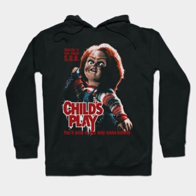 Black "Child's Play" hoodie featuring horror character graphic, perfect for casual wear and fans of horror films.