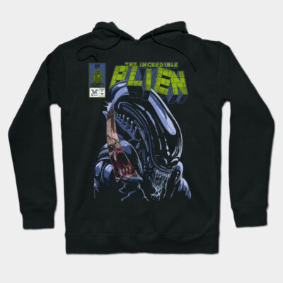 Black hoodie with "The Incredible Alien" graphic, featuring sci-fi design. Ideal for casual wear, cotton blend material.