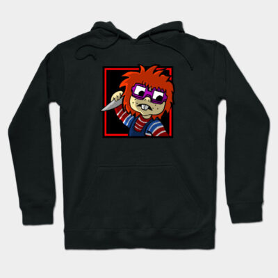 Black hoodie with colorful graphic, featuring cartoon character holding a knife; cozy cotton blend, perfect for casual wear.