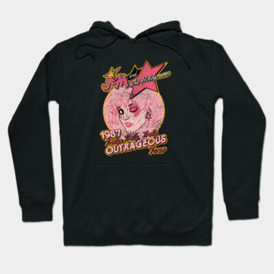 Black graphic hoodie with vintage tour design, 1987 theme, ideal for casual wear, cotton material.