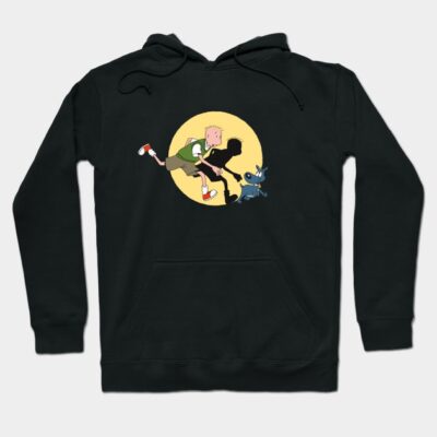Black hoodie with cartoon graphic, featuring running figures and dog silhouette. Casual wear, cotton material, unisex style.