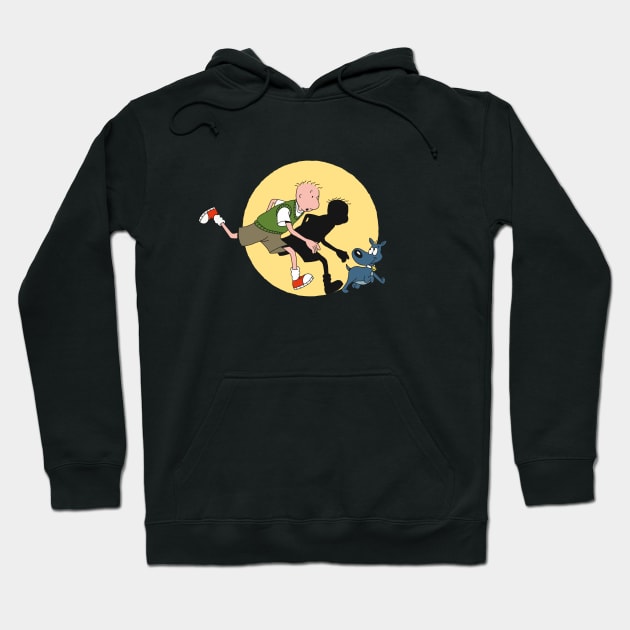 Black hoodie with cartoon graphic, featuring running figures and dog silhouette. Casual wear, cotton material, unisex style.