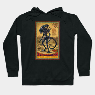 Black hoodie with vintage alien design, featuring "Xenomorph" text, ideal for casual wear, cotton blend material.
