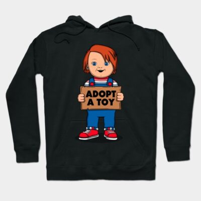 Black hoodie with cartoon character holding "Adopt a Toy" sign, red shoes, blue overalls, ideal for casual wear.