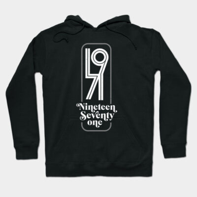 Black hoodie with "Nineteen Seventy One" graphic design, casual style, soft and comfortable material, unisex.