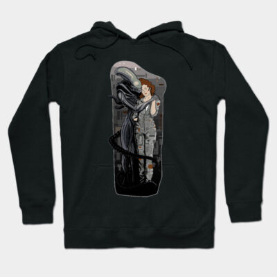 Black graphic hoodie with sci-fi illustration, unisex casual style, soft cotton fabric for comfort and warmth.