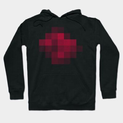 Black hoodie with red pixelated heart design, soft cotton material, casual unisex style, ideal for everyday wear.