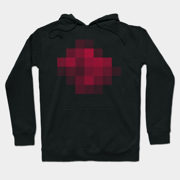 Black hoodie with red pixelated heart design, soft cotton material, casual unisex style, ideal for everyday wear.