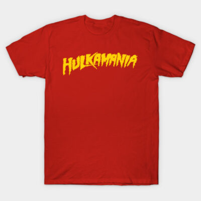 Red "Hulkamania" graphic T-shirt, bold yellow text, casual cotton material, ideal for fans, unisex style.