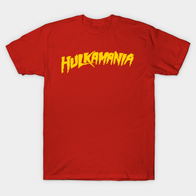 Red "Hulkamania" graphic T-shirt, bold yellow text, casual cotton material, ideal for fans, unisex style.
