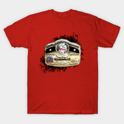 Red t-shirt with wrestling championship belt graphic, cotton material, casual wear, unisex style.