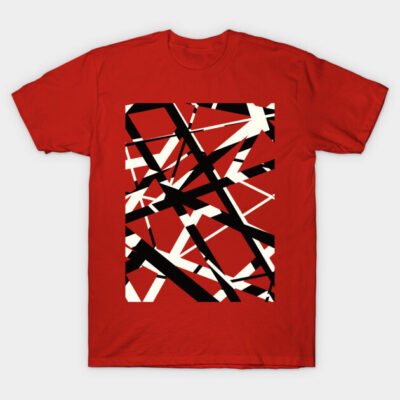Red graphic T-shirt with abstract black and white geometric design, casual cotton top for everyday wear.