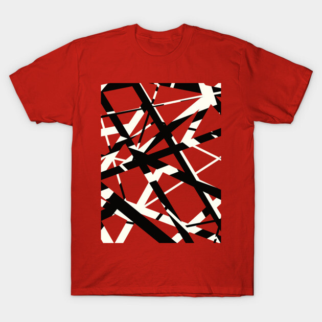 Red graphic T-shirt with abstract black and white geometric design, casual cotton top for everyday wear.