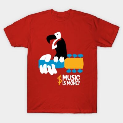 Red graphic T-shirt with whimsical guitar and bird design, "Music Is Money" text, casual fashion, 100% cotton.