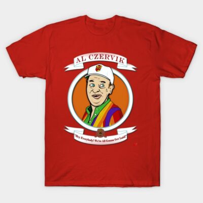 Red graphic T-shirt featuring colorful cartoon illustration, casual style, comfortable cotton material.