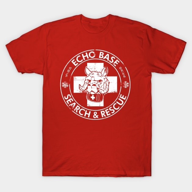 Red t-shirt featuring white "Echo Base Search & Rescue" graphic, perfect for casual wear or themed events.