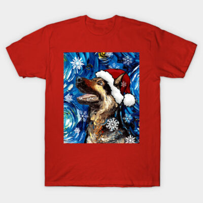 Red T-shirt with festive dog design, Santa hat, snowflakes, Van Gogh style, perfect for holiday wear.