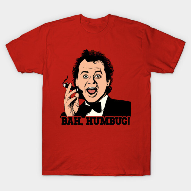Red graphic T-shirt featuring "Bah, Humbug!" design, casual cotton apparel for festive or humorous occasions.