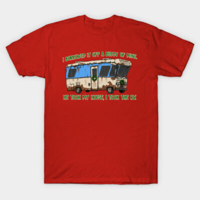 Red cotton t-shirt with humorous RV graphic and text, perfect for casual wear or as a novelty gift.