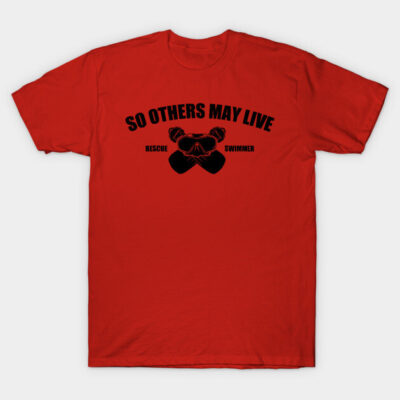 Red t-shirt with "So Others May Live" text and rescue swimmer graphic, ideal for casual wear or as a gift.