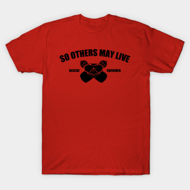 Red t-shirt with "So Others May Live" text and rescue swimmer graphic, ideal for casual wear or as a gift.
