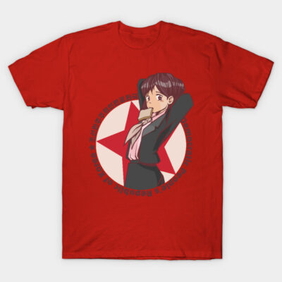 Red anime graphic t-shirt featuring character and star emblem, ideal for casual wear, cotton blend material.