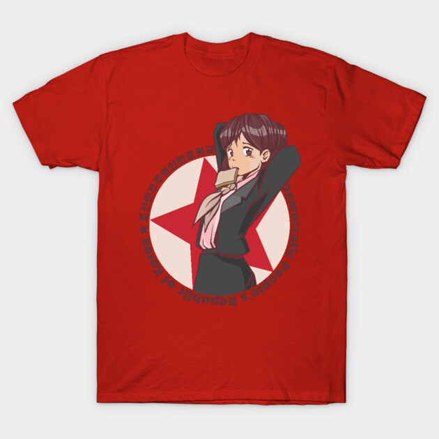 Red anime graphic t-shirt featuring character and star emblem, ideal for casual wear, cotton blend material.
