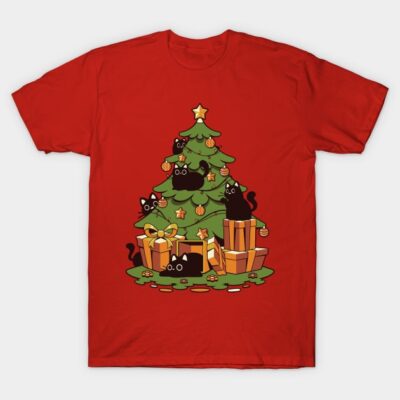 Red Christmas t-shirt featuring a festive tree with black cats and gifts, perfect for holiday celebrations. Cotton material.
