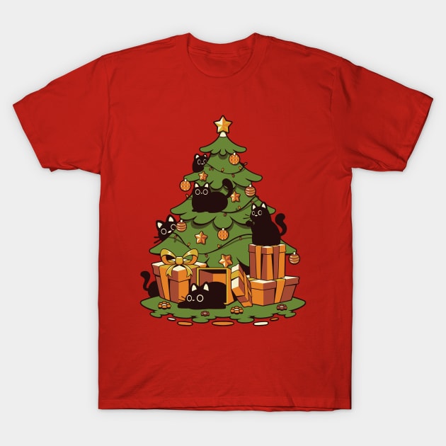 Red Christmas t-shirt featuring a festive tree with black cats and gifts, perfect for holiday celebrations. Cotton material.