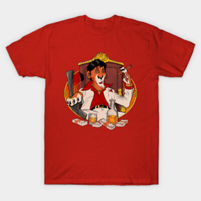 Red graphic t-shirt featuring a cartoon design, casual style, comfortable cotton material, suitable for everyday wear.