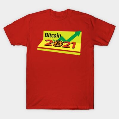 Red Bitcoin 2021 T-shirt with yellow graphic design, casual style, ideal for cryptocurrency enthusiasts.