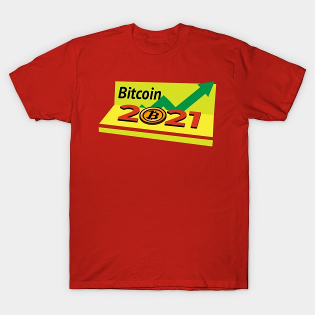 Red Bitcoin 2021 T-shirt with yellow graphic design, casual style, ideal for cryptocurrency enthusiasts.