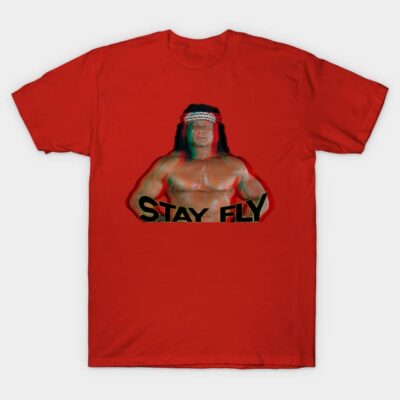 Red graphic t-shirt featuring "Stay Fly" text and bold design. Casual style, ideal for everyday wear. 100% cotton material.