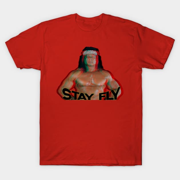 Red graphic t-shirt featuring "Stay Fly" text and bold design. Casual style, ideal for everyday wear. 100% cotton material.