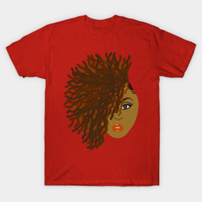 Red t-shirt with abstract face design, curly hair graphic. Casual wear, 100% cotton, unisex style, vibrant print.