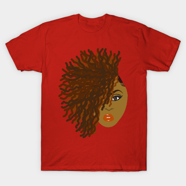 Red t-shirt with abstract face design, curly hair graphic. Casual wear, 100% cotton, unisex style, vibrant print.