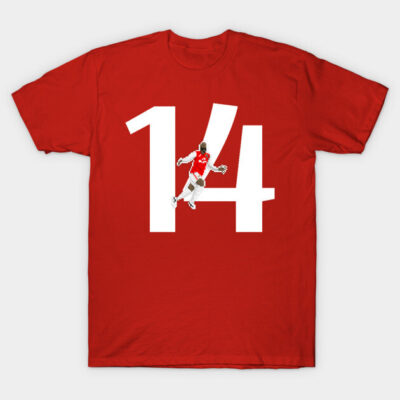 Red graphic t-shirt with number 14 design, featuring a soccer theme. Casual cotton, ideal for sports enthusiasts.