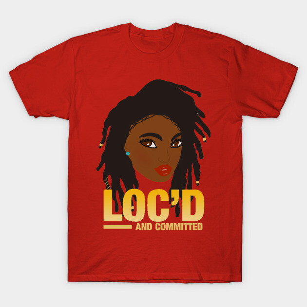 Red T-shirt featuring bold graphic with text "LOC'D and Committed," ideal for casual wear and self-expression.