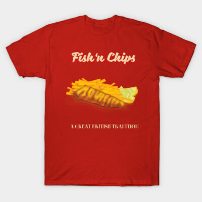 Red T-shirt with "Fish 'n Chips" graphic, novelty design, casual wear, great for food enthusiasts.