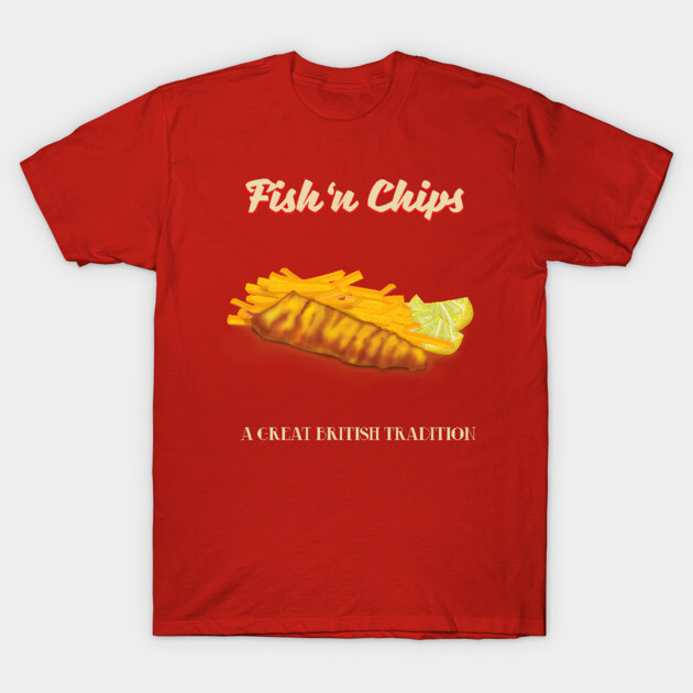 Red T-shirt with "Fish 'n Chips" graphic, novelty design, casual wear, great for food enthusiasts.