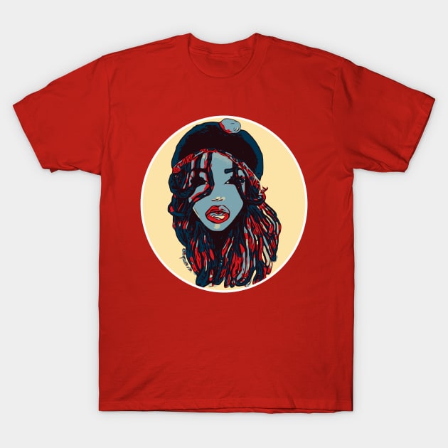 Red graphic T-shirt featuring an artistic portrait design, casual style, made from soft cotton. Perfect for everyday wear.