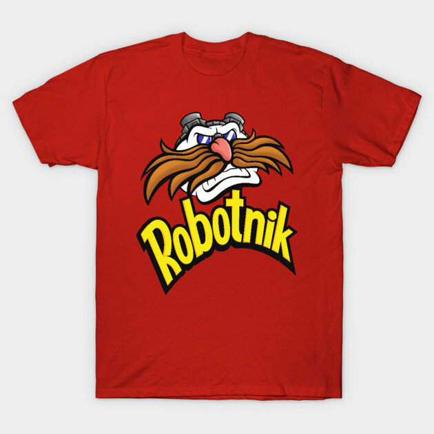Red graphic t-shirt with bold "Robotnik" text and character design, casual wear, cotton material.