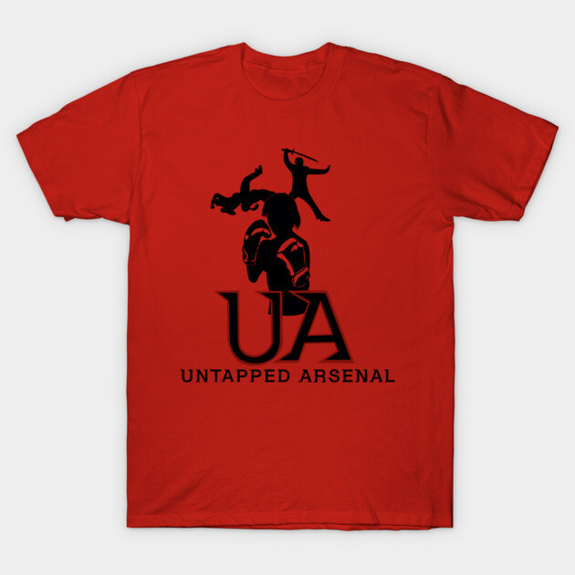 Red "Untapped Arsenal" T-shirt, black graphic design, casual style, cotton material, ideal for everyday wear.