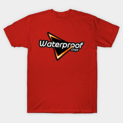 Red cotton T-shirt with "Waterproof Chips" logo, casual wear, bold graphic design, unisex style.