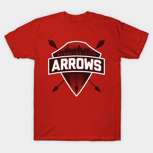 Red graphic t-shirt with "Arrows" logo and cityscape design. Casual wear, cotton material, ideal for everyday use.