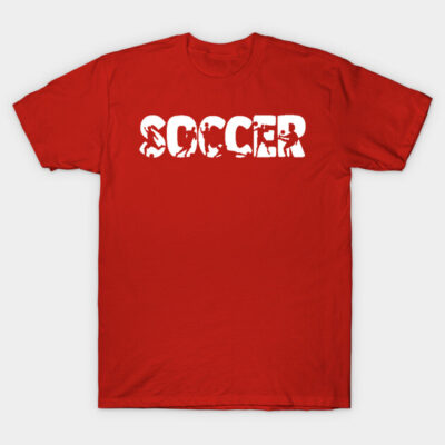 Red cotton T-shirt with "Soccer" text design in white, perfect for sports enthusiasts and casual wear.