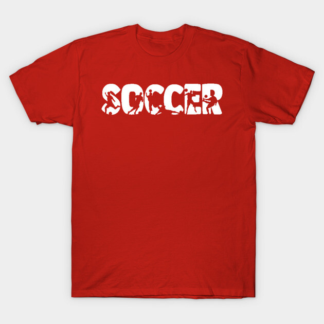 Red cotton T-shirt with "Soccer" text design in white, perfect for sports enthusiasts and casual wear.