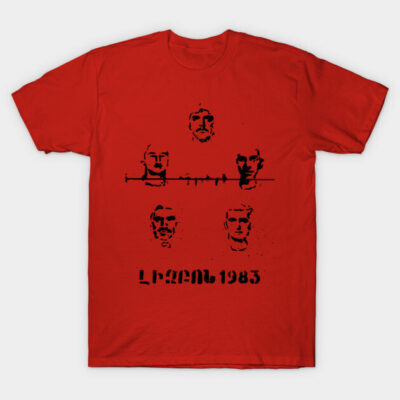 Red graphic t-shirt with abstract black print design, casual style, cotton material, perfect for everyday wear.